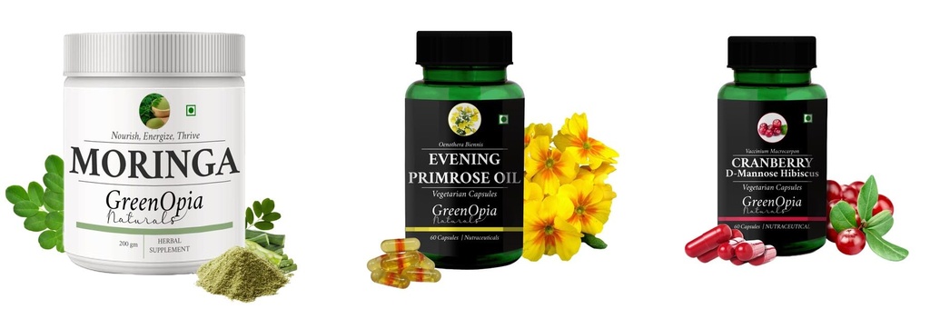 Moringa-oleifera-powder, Evening-primrose-oil-vegetarian-capsules, Cranberry-d-mannose-hibiscus-capsules Combo | Convenient Nutrition & Wellness Routine | Multi-Product Pack