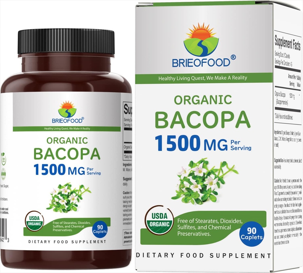 Brieofood Bio Bacopa 1500mg, 45 portions, végétarien, sans gluten, 90 comprimés végétariens...