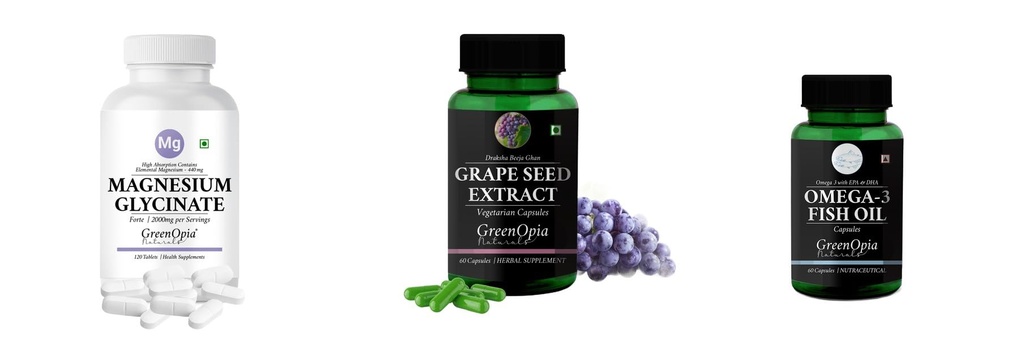 Magnesium-glycinate-forte-tablets, Grape-seed-extract-60-vegetarian-capsules, Fish-oil-capsules Combo | Convenient Nutrition & Wellness Routine | Multi-Product Pack
