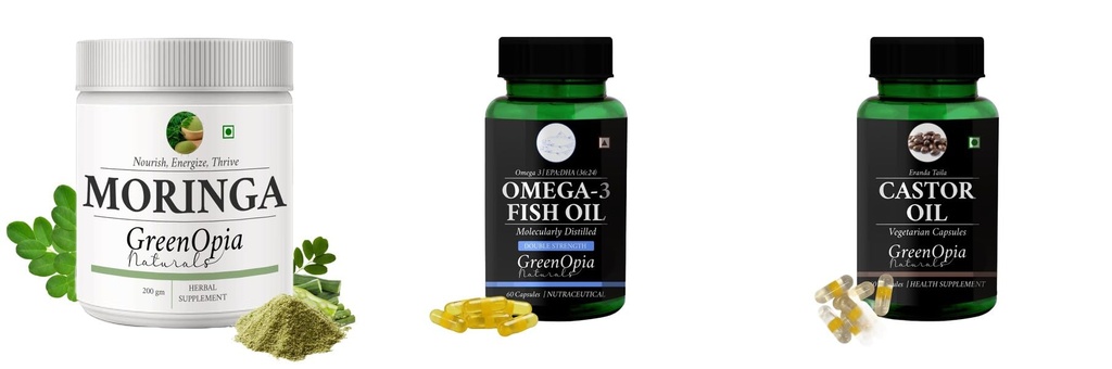 Moringa-oleifera-powder, Fish-oil-double-strength, Castor-oil-vegetarian-capsules Combo | Convenient Nutrition & Wellness Routine | Multi-Product Pack