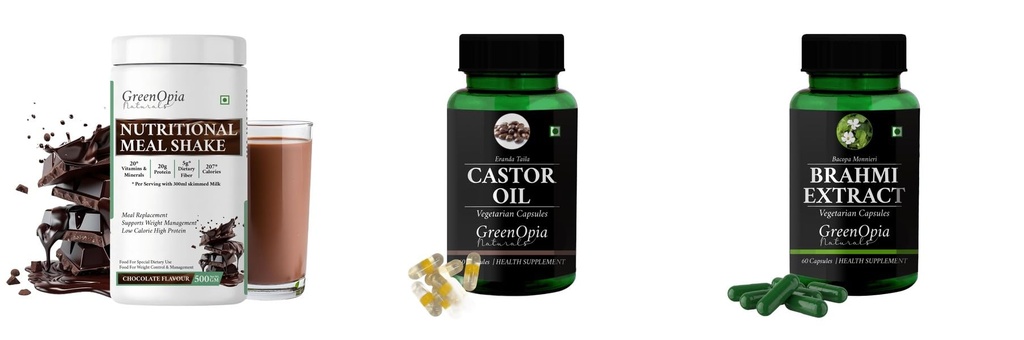 Nutritional-meal-shake-chocolate, Castor-oil-vegetarian-capsules, Brahmi-vegetarian-capsules Combo | Convenient Nutrition & Wellness Routine | Multi-Product Pack