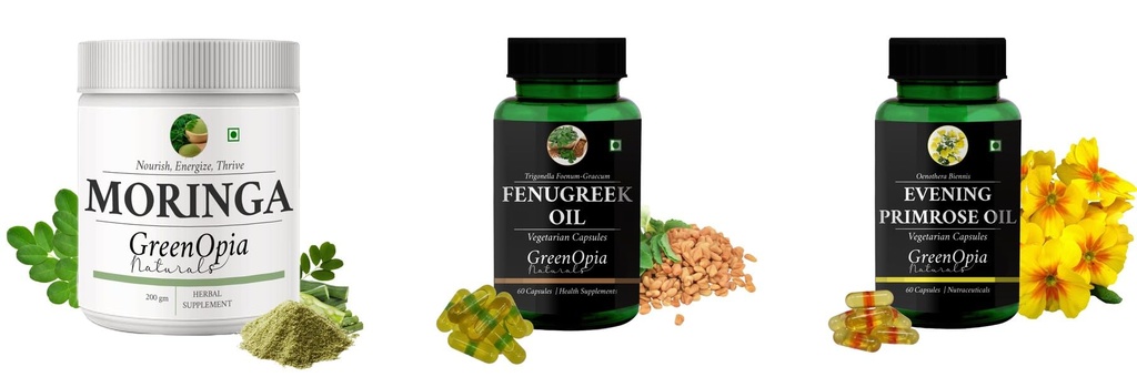 Moringa-oleifera-powder, Fenugreek-oil-vegetarian-capsules, Evening-primrose-oil-vegetarian-capsules Combo | Convenient Nutrition & Wellness Routine | Multi-Product Pack