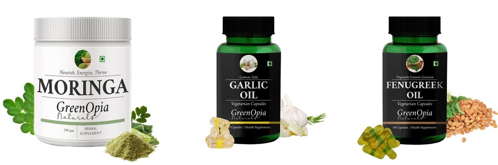 Moringa-oleifera-powder, Garlic-oil-vegetarian-capsules, Fenugreek-oil-vegetarian-capsules Combo | Convenient Nutrition & Wellness Routine | Multi-Product Pack