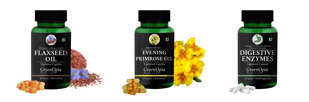 Flax-seed-oil-vegetarian-capsules, Evening-primrose-oil-vegetarian-capsules, Digestive-enzymes-60-vegetarian-capsules Combo | Convenient Nutrition & Wellness Routine | Multi