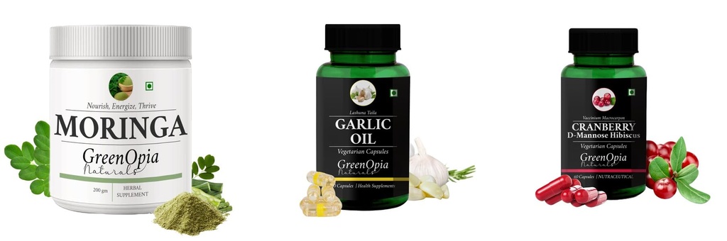 Moringa-oleifera-powder, Garlic-oil-vegetarian-capsules, Cranberry-d-mannose-hibiscus-capsules Combo | Convenient Nutrition & Wellness Routine | Multi-Product Pack