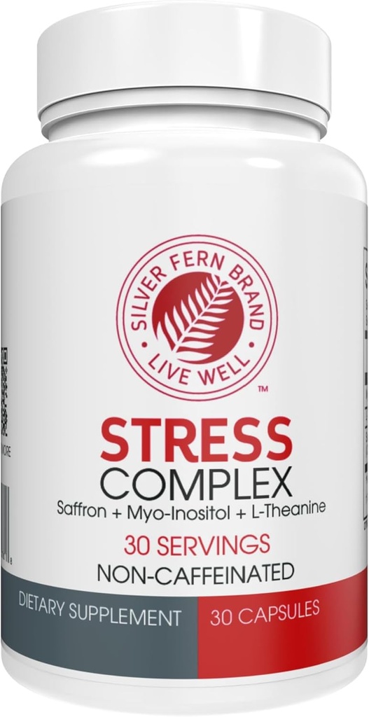 Supplément complexe de stress de la fougère d'argent - Sans caféine - Sommeil, inquiétude, humeur et plus - avec suppléments de safran, supplément de L-Theanine, et Myo-inositol - Supplément de stress naturel (paquet de 1)