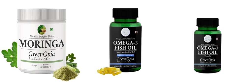 Moringa-oleifera-powder, Fish-oil-double-strength, Fish-oil-capsules Combo | Convenient Nutrition & Wellness Routine | Multi-Product Pack