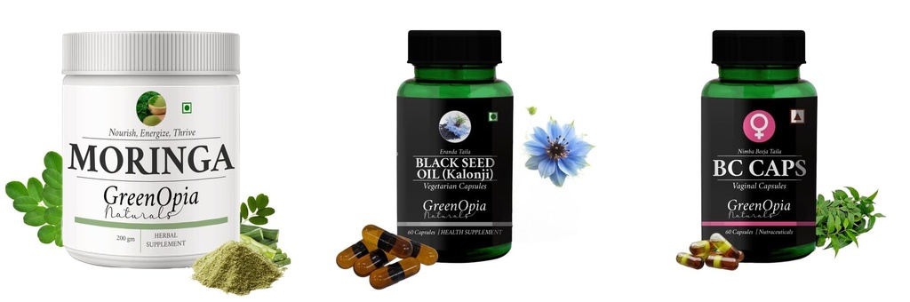Moringa-oleifera-powder, Black-seed-oil-capsules, Bc-caps-vaginal-capsules Combo | Convenient Nutrition & Wellness Routine | Multi-Product Pack