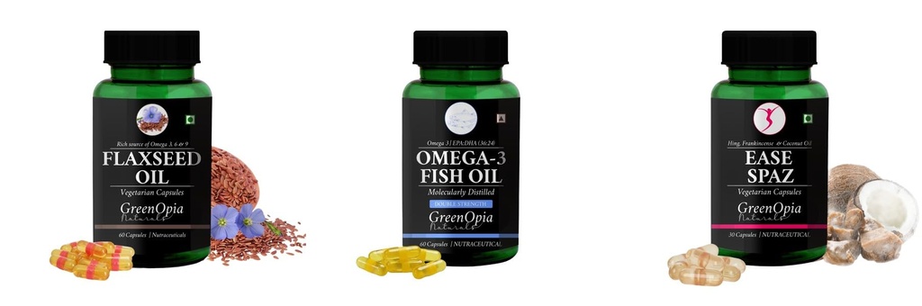 Flax-seed-oil-vegetarian-capsules, Fish-oil-double-strength, Ease-spaz-vegetarian-capsules Combo | Convenient Nutrition & Wellness Routine | Multi-Product Pack