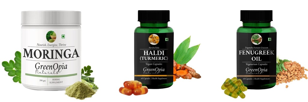Moringa-oleifera-powder, Haldi-oil-vegetarian-capsules, Fenugreek-oil-vegetarian-capsules Combo | Convenient Nutrition & Wellness Routine | Multi-Product Pack