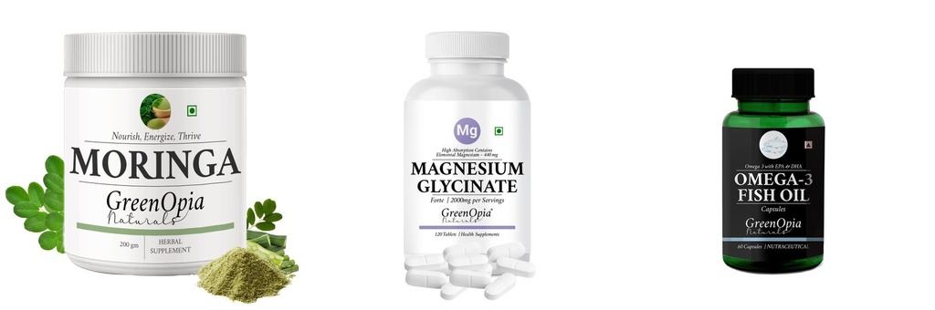 Moringa-oleifera-powder, Magnesium-glycinate-forte-tablets, Fish-oil-capsules Combo | Convenient Nutrition & Wellness Routine | Multi-Product Pack