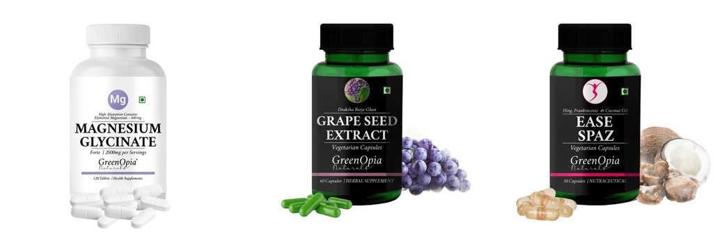 Magnesium-glycinate-forte-tablets, Grape-seed-extract-60-vegetarian-capsules, Ease-spaz-vegetarian-capsules Combo | Convenient Nutrition & Wellness Routine | Multi-Product P