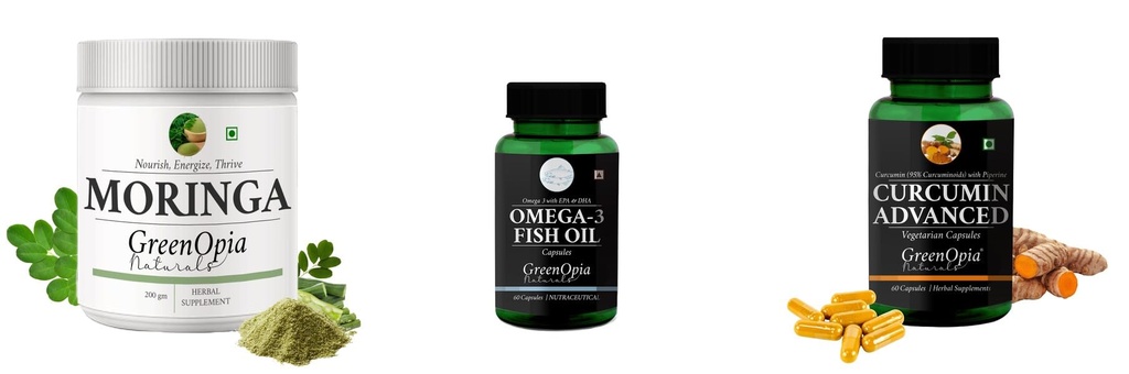 Moringa-oleifera-powder, Fish-oil-capsules, Curcumin-c3-piperine-vegetarian-capsules Combo | Convenient Nutrition & Wellness Routine | Multi-Product Pack
