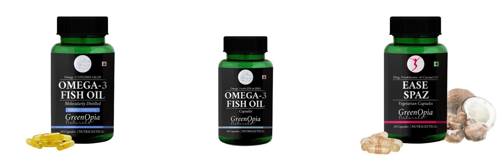 Fish-oil-double-strength, Fish-oil-capsules, Ease-spaz-vegetarian-capsules Combo | Convenient Nutrition & Wellness Routine | Multi-Product Pack