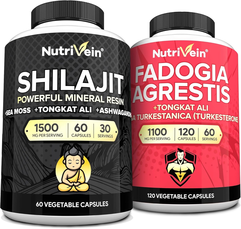 Nutrivein Premium Shilajit Capsules et Fadogia Agrestis Supplément Bundle: puissant Shilajit pour les femmes et les hommes + Fadogia Agrestis avec Tongkat Ali Supplément pour la performance, l'endurance et la vitalité