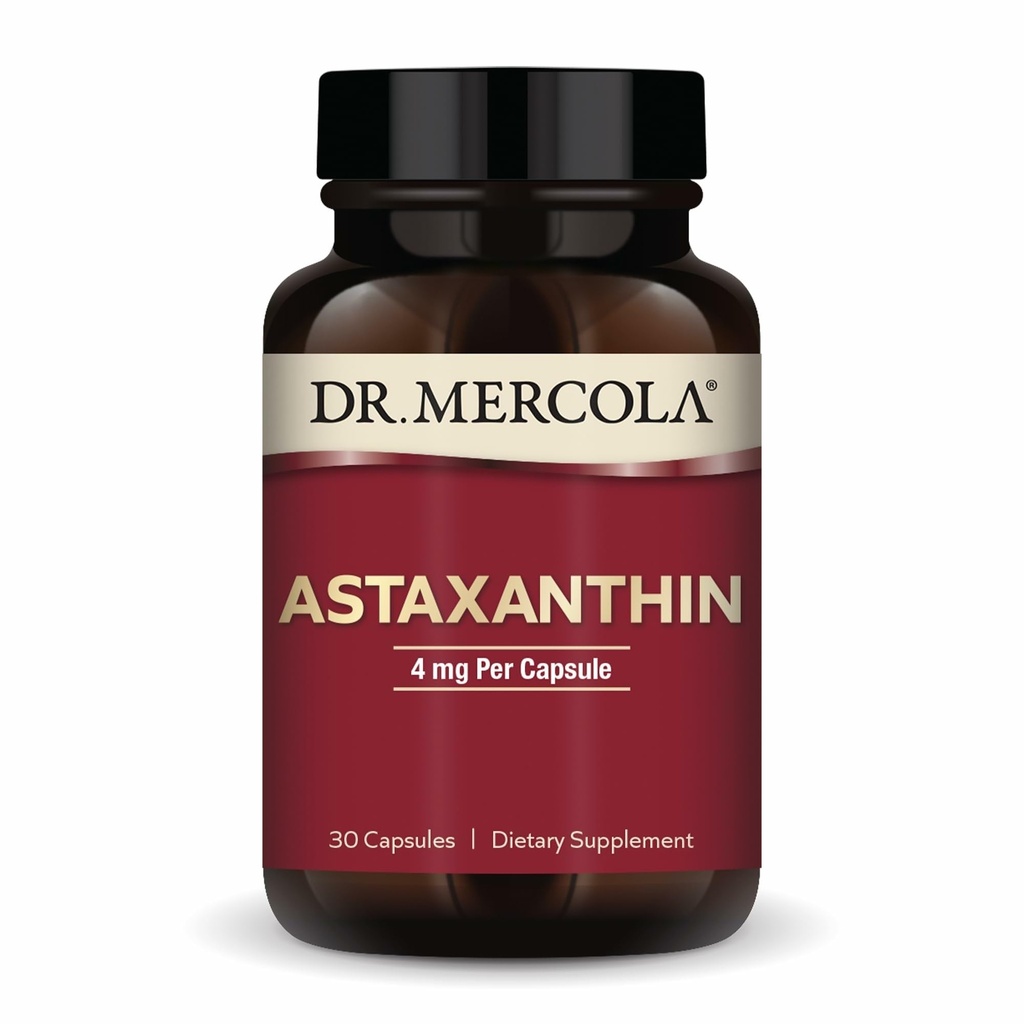 Dr Mercola Astaxanthine biologique - 4 mg Astaxanthine - Support puissant antioxydant - Extrait de microalgues organiques - Non-OGM, sans gluten et sans soja - 30 capsules (30 portions)