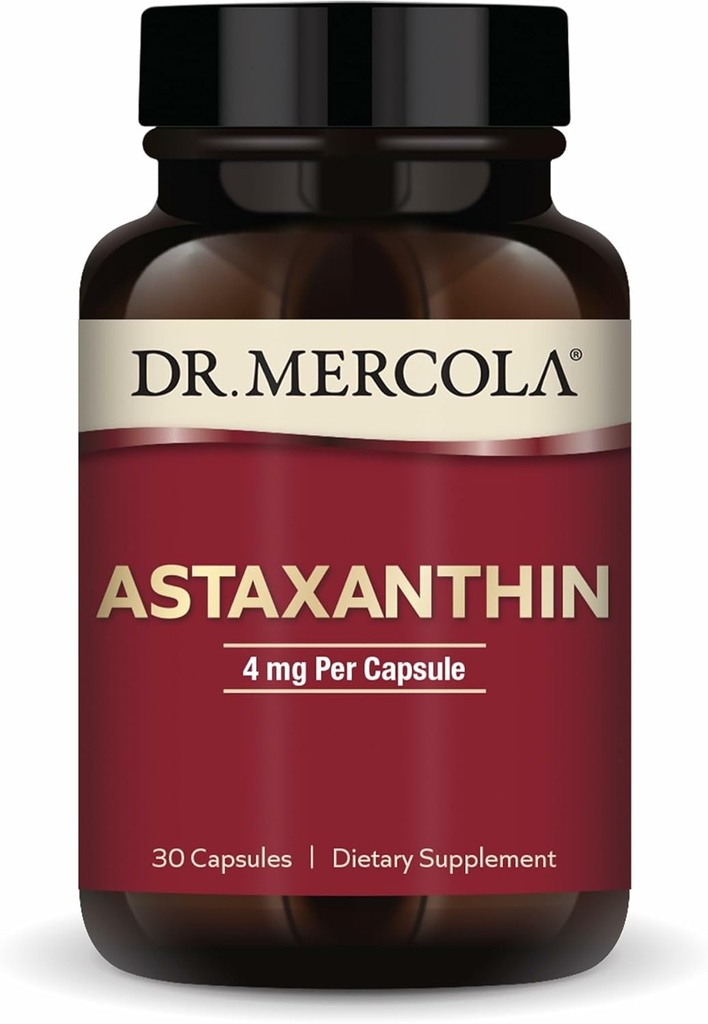 Dr Mercola Astaxanthine biologique - 4 mg Astaxanthine - Support puissant antioxydant - Extrait de microalgues organiques - Non-OGM, sans gluten et sans soja - 30 capsules (30 portions)