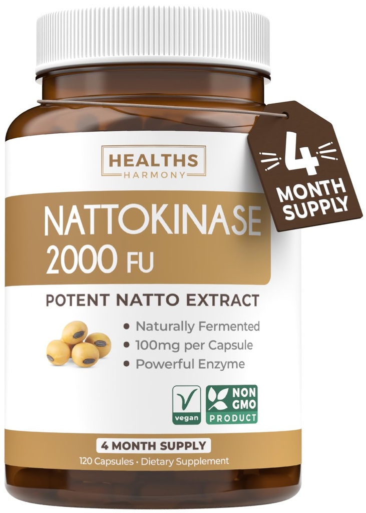Santé Harmony Nattokinase 2000 FU (non-OGM) Supplément Nattokinase puissant fabriqué à partir de soja naturellement fermenté - (4 mois d'approvisionnement) 120 capsules de Natto végétalien