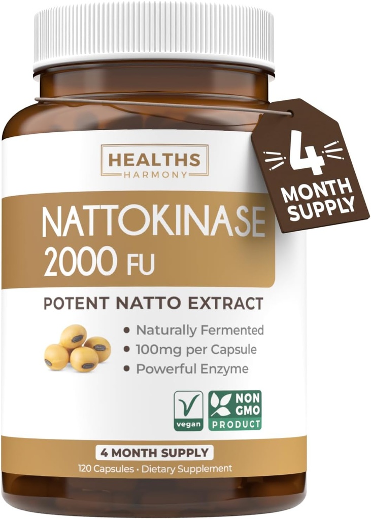 Santé Harmony Nattokinase 2000 FU (non-OGM) Supplément Nattokinase puissant fabriqué à partir de soja naturellement fermenté - (4 mois d'approvisionnement) 120 capsules de Natto végétalien
