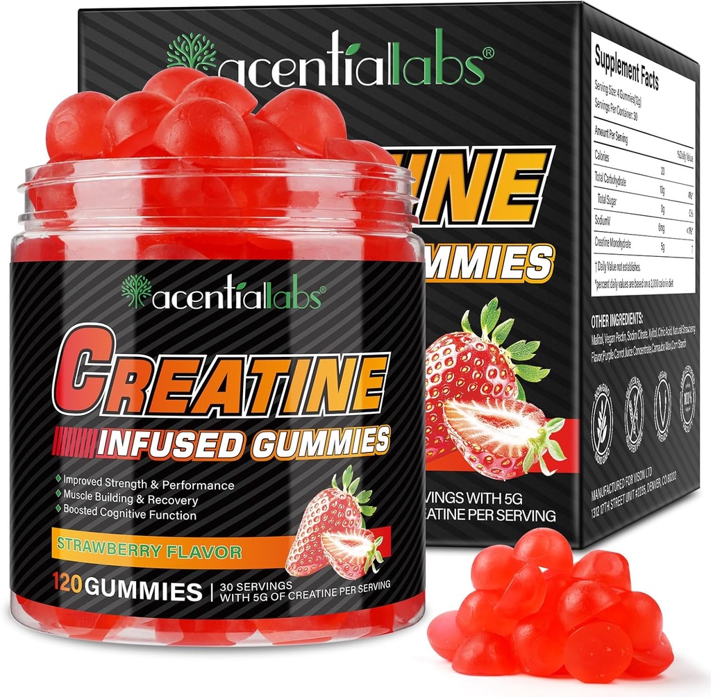 Creatine Monahydrate Gommies pour hommes Femmes Croissance musculaire, sans sucre - améliorer la force et la performance, suppléments en vrac Creatine - Gommies avant entraînement- 120pcs