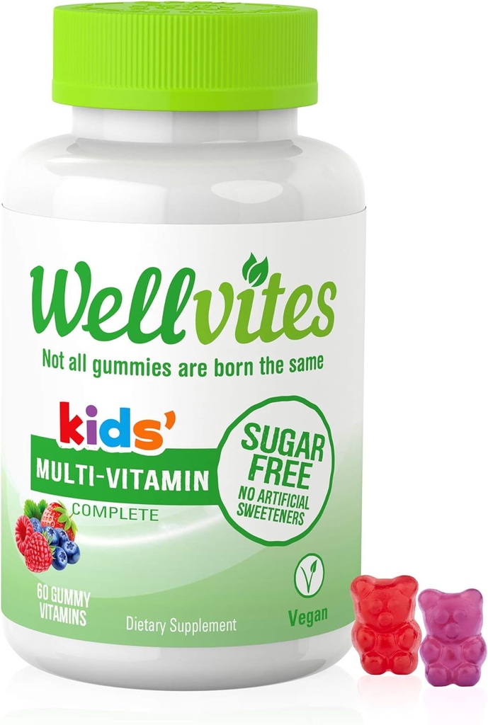 Wellvites enfants Multivitamine Gummies - sans sucre, végétalien, non-OGM, vitamine A, D, B6, B12 et C - Pas d'édulcorants artificiels, sans gluten, sans gélatine - 60 comtes (30 jours d'approvisionnement)