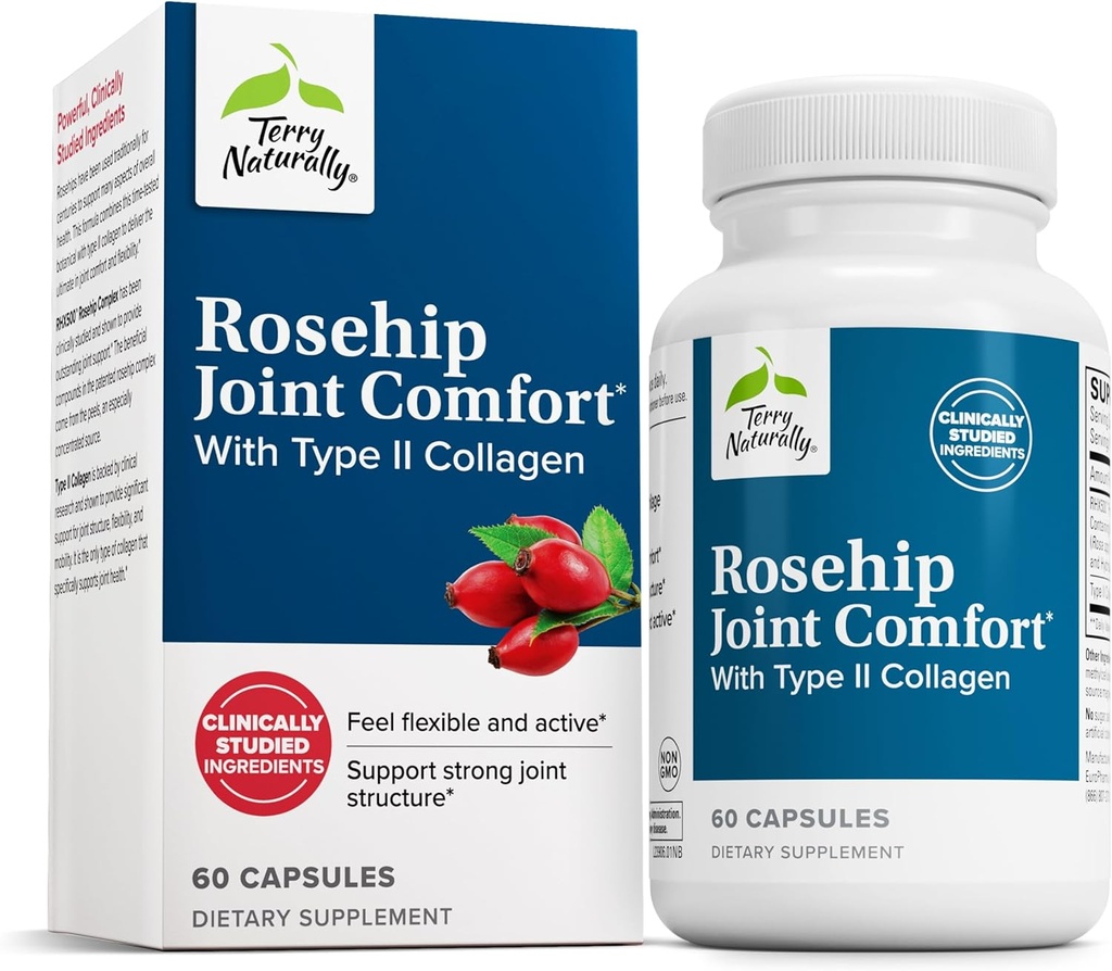Terry Naturally Rosehip Joint Comfort - Supplément de soutien à la mobilité et à la flexibilité - Supplément avec collagène de type II - Supplément de structure et de cartilage - 60 capsules