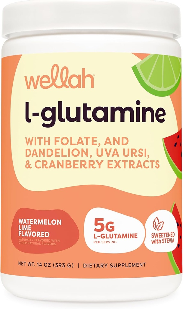 Wellah L-Glutamine Poudre de pastèque Lime (50 portions) - 5g L-Glutamine par portion, sucré avec Stevia