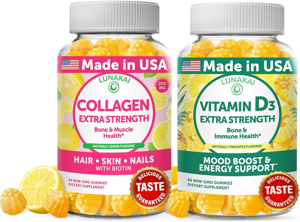 Lunakai Collagen and Vitamine D3 Gummies Bundle - Suppléments anti-vieillissement non-OGM pour les hommes et les femmes - Immunity, Bone and Mood Support Gummy pour les adultes - 30 jours d'approvisionnement