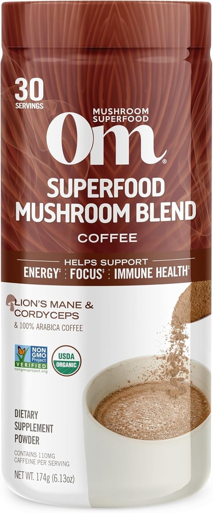 OM MUSHROOM SUPERFOOD Coffee Blend – Organic Arabica avec la Mane de Lion, Cordyceps, Reishi, Turkey Tail & Ginkgo – Supporte Énergie, Focus & Clarity – 6,24 oz Canister (30 portions)