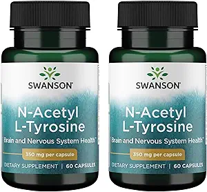 Swanson N-acétyl L-Tyrosine - Supplément à l'acide amino appuyant la santé globale du cerveau et la fonction du système nerveux central - favorise l'humeur et la santé cognitive - (60 capsules, 350 mg chacune) (2 boîtes)