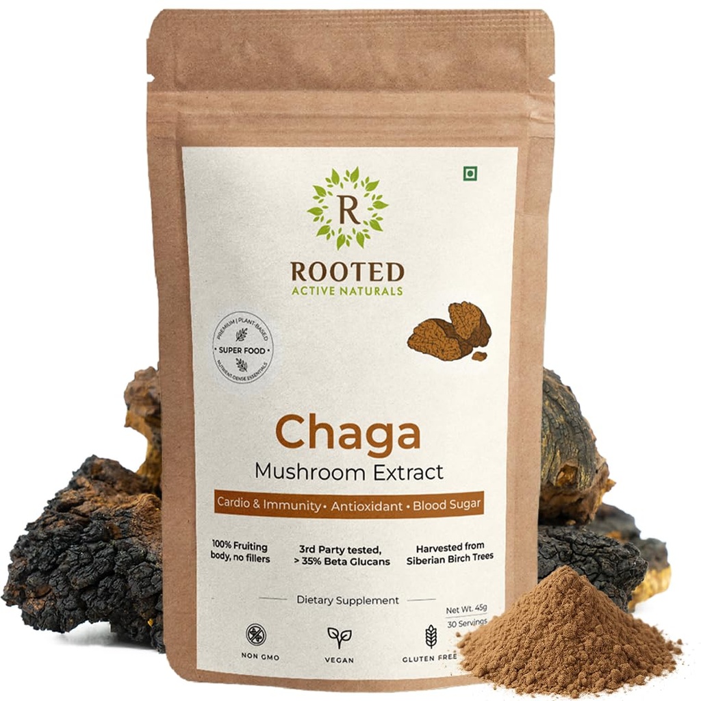 Rooted Actives Siberian Chaga Mushroom Capsules (45 Gm) | Blood Sugar, Heart & Immunity | 35% Beta Glucans | Certified Organic Siberian