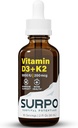 Vitamine D3 + K2 gouttes liquides avec huile Oméga 3 - 5000 UI gouttes de vitamine D K2 pour le soutien de l'hormone et la santé des os - Vitamine liquide D3 avec gouttes de K2 pour l'absorption maximale - 2Fl Oz vitamine K2 D3