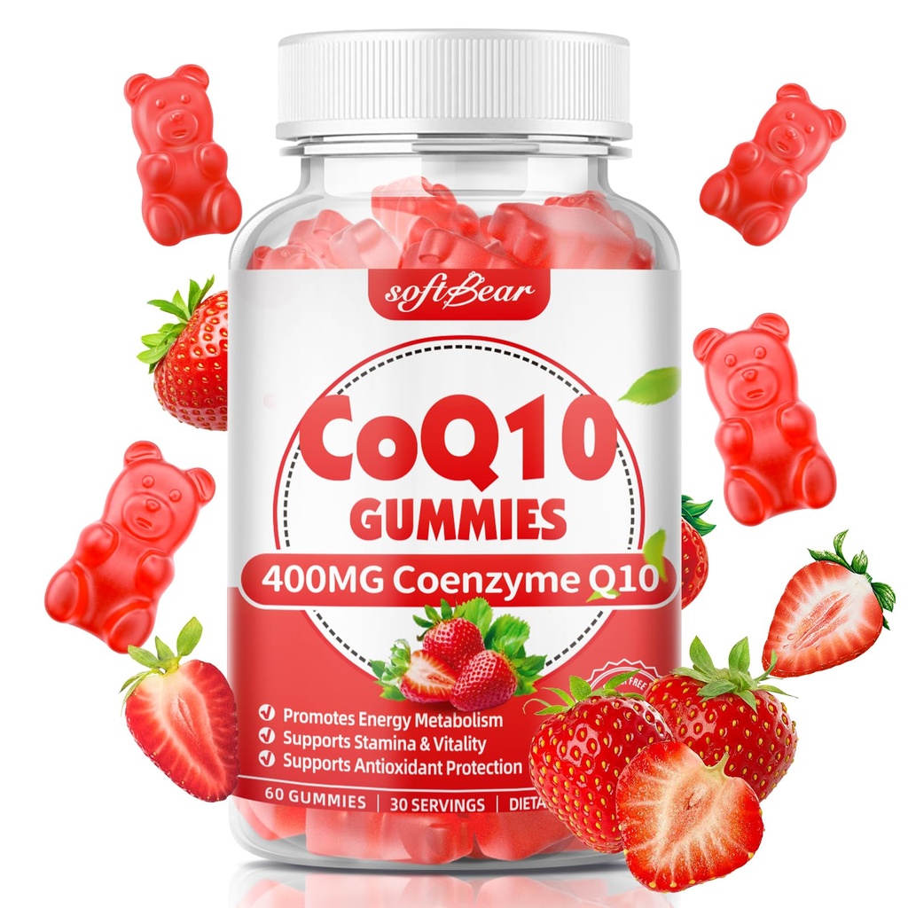 softbear CoQ10 Gummies 400mg Coenzyme Q10 Supplément pour adultes, haute absorption coq10 Plus Oméga-3, Magnésium, vitamine B3 et zinc pour l'énergie cellulaire et l'antioxydant, goût de fraise 60 Compte