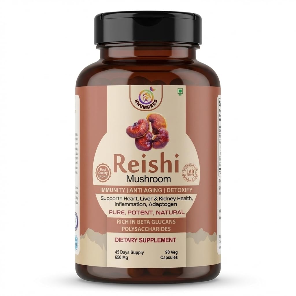 KHUMBEESS SUPERFOODS Reishi Mushroom Extract (650mg, 90 Veg Capsules) | High Potency Stress Relief & Sleep Support | Immune Booster, Heart & Liver Health | Natural Adaptogen & Anti-Inflammatory