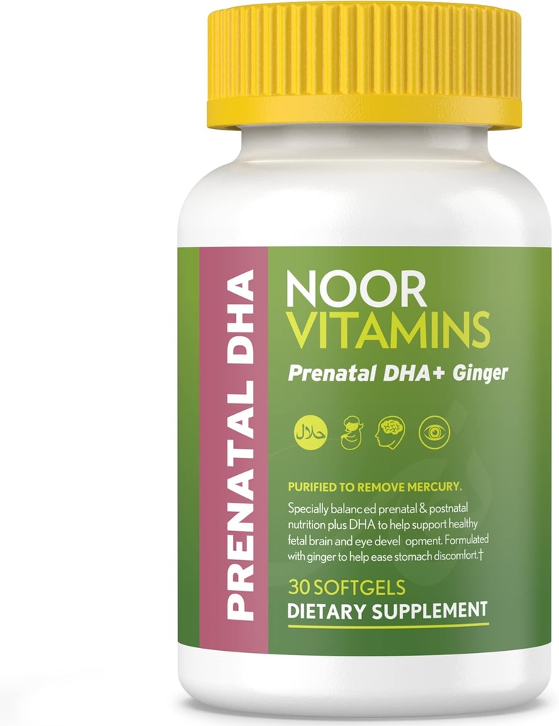 Noor Vitamines halales Vitamines prénatales avec ADH et acide folique, Vitamines essentielles, Gingembre à l'estomac de maman, Fer, Softgels, Vitamine prénatale avant/pendant/après la grossesse (1 mois d'approvisionnement)