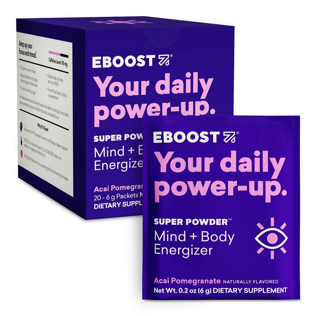 EBOOST Super Energy Powder Drink Mix, Supplément d'électrolyte non-OGM chargé de vitamines (Pomégranat d'Acai), 0.2 Ounce (paquet de 20)