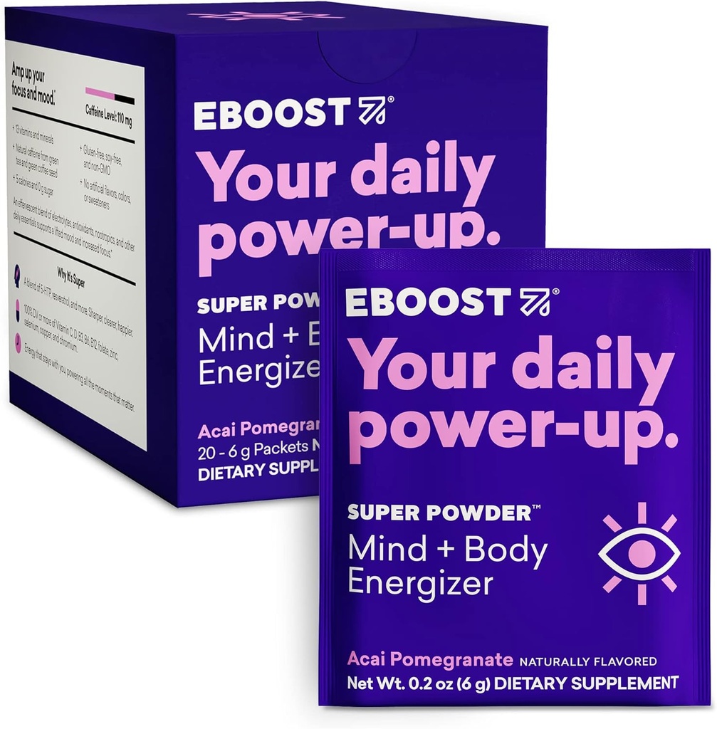 EBOOST Super Energy Powder Drink Mix, Supplément d'électrolyte non-OGM chargé de vitamines (Pomégranat d'Acai), 0.2 Ounce (paquet de 20)