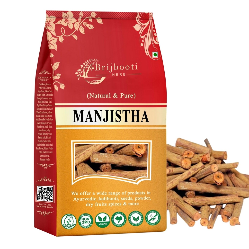 Brijbooti Organic Manjistha Root Sticks (100 gm) - Manjistha Stick Dried for Skin, Hair, Joint & Immune Support | Rubia Cordifolia | Indian Madder | FSSAI, GMP, ISO Certified