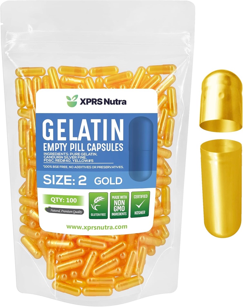 XPRS Nutra Taille 2 Capsules vides - 100 Compte Capsules de gélatine vides - Pills Bricolage Capsule Remplissage - Pure Pilule Gel Caps pour Do-It-Youlf Suppléments (Or)