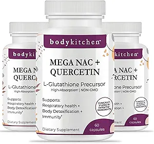 Cuisine du corps Mega NAC (N-acétyl Cysteine) 600 mg avec Quercetine, soutient la santé respiratoire et la fonction immunitaire et favorise la désintoxication du foie et du rein, Caps végétatifs, (paquet de 3)