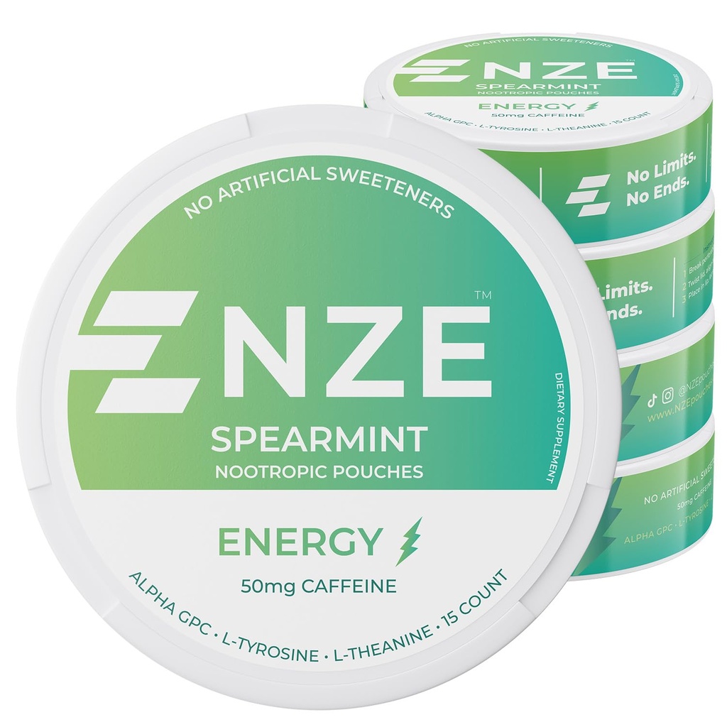 NZE Caféine Pochettes Nootropiques (Spearmint) - Pochettes énergétiques avec 50 mg de caféine, Alpha GPC, L-Tyrosine et L-Theanine sans sucre ou édulcorants artificiels - 15 Pochettes par boîte - 5 Pack