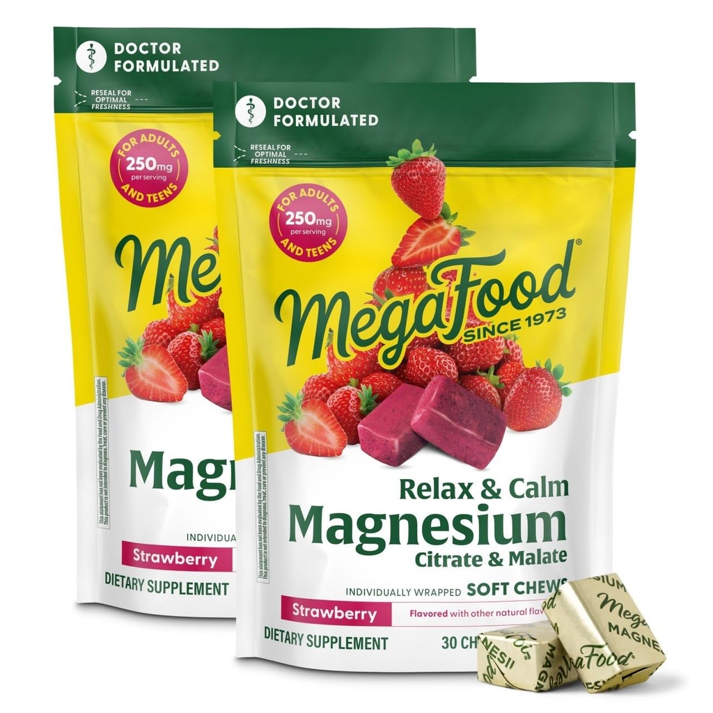 MegaFood Relax + Calme supplément de magnésium - Chews doux avec Citrate de magnésium et de malate pour la santé cardiaque, la tension musculaire et plus - Végétarien - Fraise - 30 Chews par paquet (2 Pack)