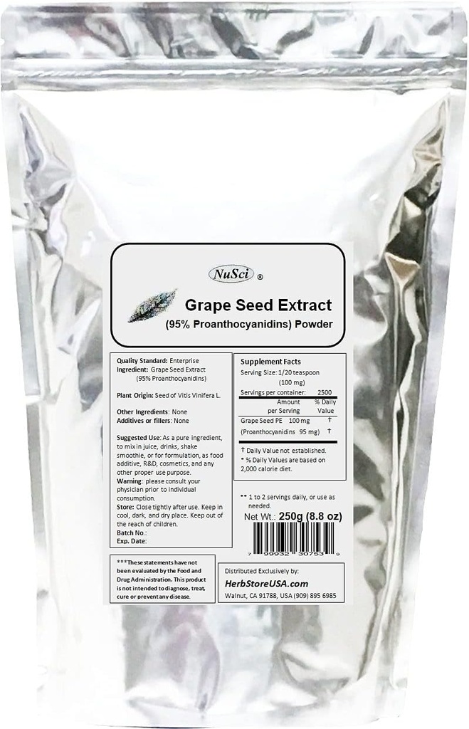 Graines de raisins (Europe) Poudre d'extrait normalisée 95% Proanthocyanidines OPC (250 Grams (8,8 oz)) Europe Grown OGM Free Non-Irdiated