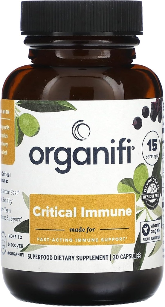 Organifi - Immune critique - Superfood Imune Support Blend - 30 Capsules - Mélange puissant de baies d'eau, Andrographis, Astragalus et extrait de feuille d'olive - Riche en vitamine C et antioxydants