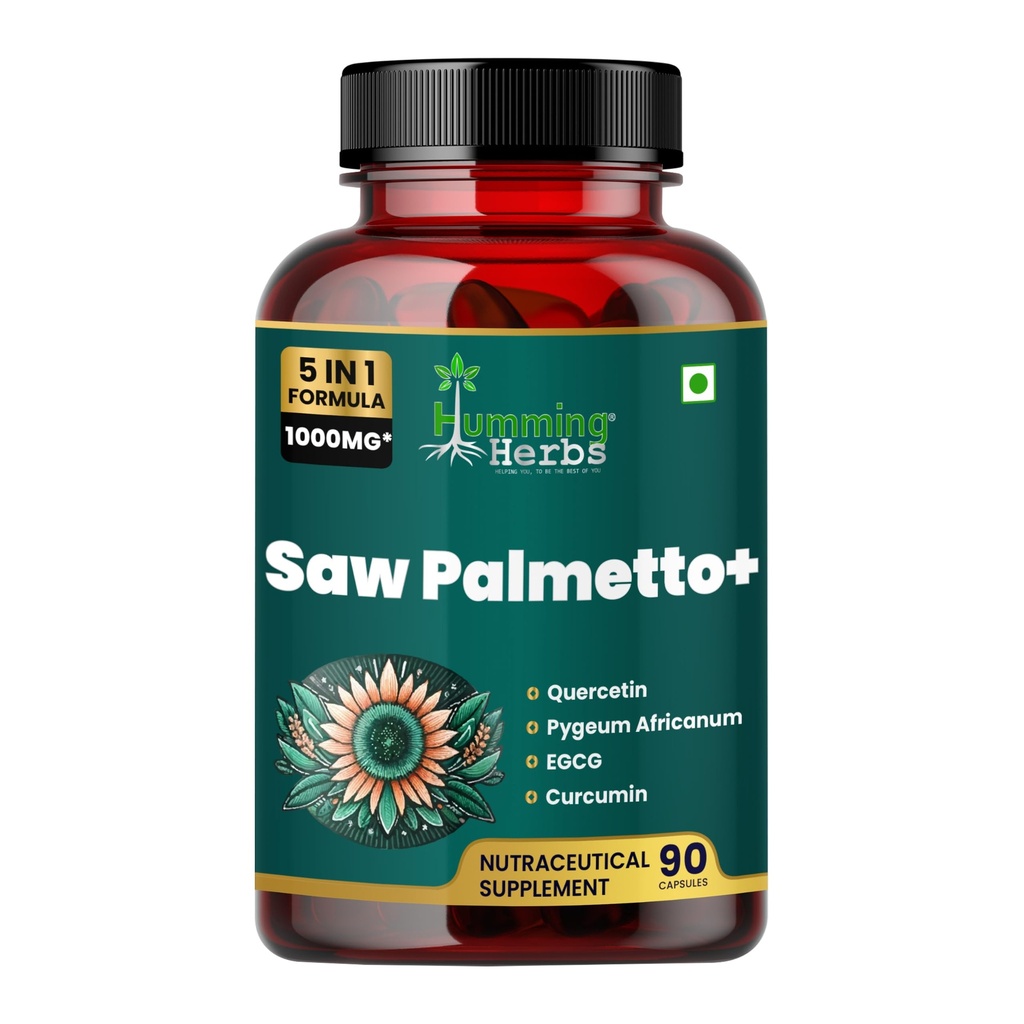 Humming Herbs Saw Palmetto Plus Prostate Support - Enhanced Formula with Quercetin, Turmeric, Pygeum, Vitamins E & B6, Zinc, Selenium for Men's Health