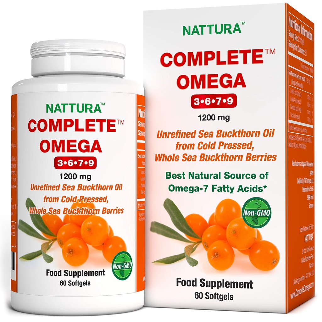 Nattura Omega Complete 3-6-7-9, Huile de Buckthorn de mer pure, Qualité européenne, de baies sauvages de Buckthorn de mer entières non raffinées, pressées froidement - 1 200mg - 2 bouteilles