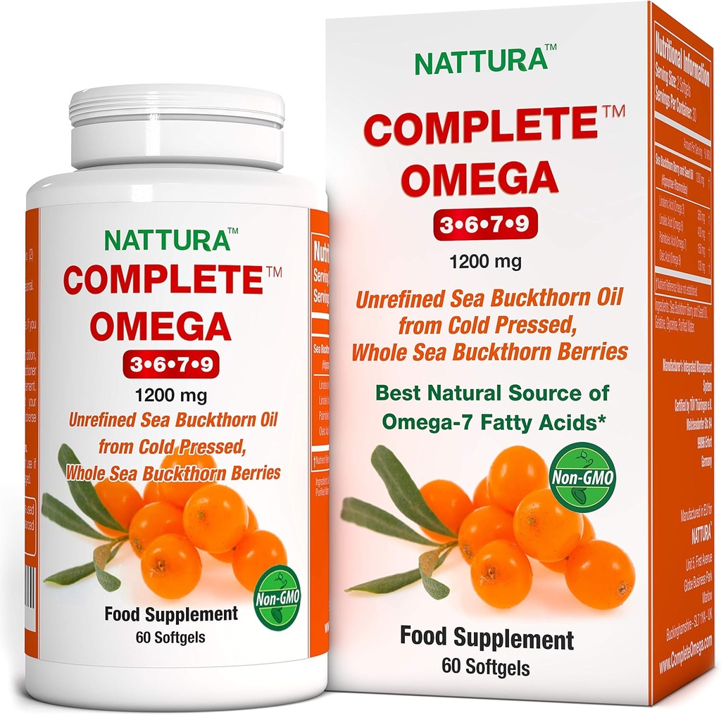Nattura Omega Complete 3-6-7-9, Huile de Buckthorn de mer pure, Qualité européenne, de baies sauvages de Buckthorn de mer entières non raffinées, pressées froidement - 1 200mg - 2 bouteilles