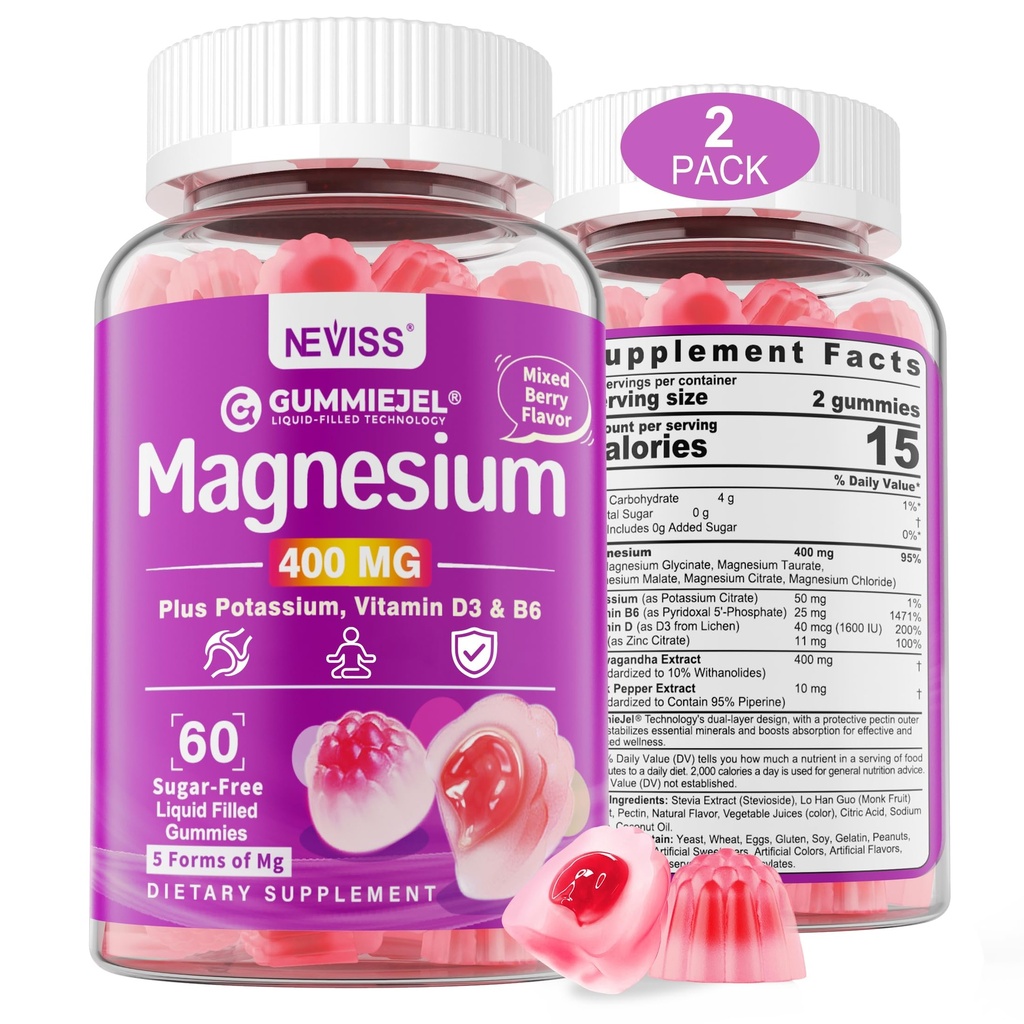 Magnésium sans sucre Gommies 400mg de 5-en-1 Magnésium complexe : Glycinat, Citrate, Malate, Chlorure et Taurate avec Ashwagandha, Vitamine D3 & Zinc.