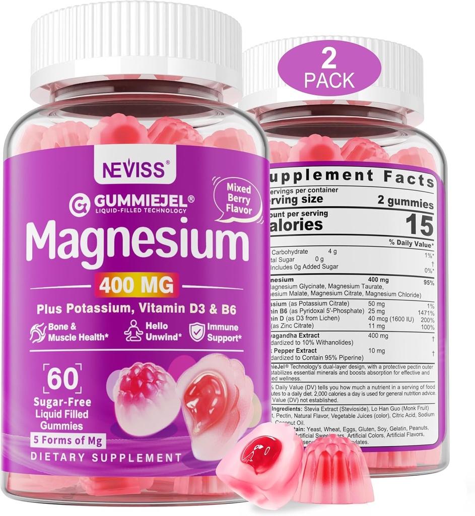 Magnésium sans sucre Gommies 400mg de 5-en-1 Magnésium complexe : Glycinat, Citrate, Malate, Chlorure et Taurate avec Ashwagandha, Vitamine D3 & Zinc.