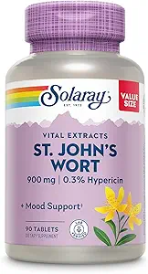 SOLARAY St. Johns Wort Aerial Extract One Daily 900mg=" Standardized w/ 0,3% Hypericine pour la stabilité de l'humeur" Non-OGM=" 90 portions